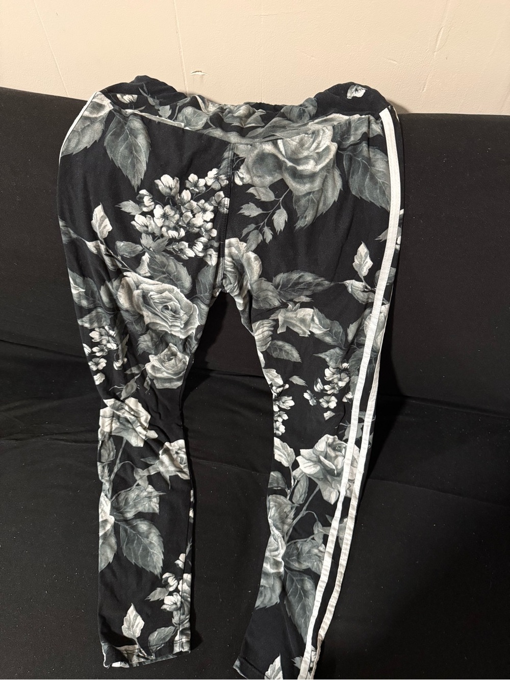 Black Floral Print Leggings with Side Stripes
